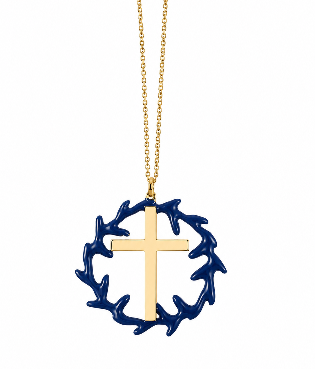 Cross on daphne wreath pendant